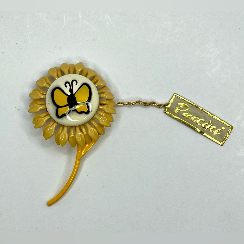 Vtg PUCCINI Flower Handpainted Butterfly Enamel Brooch W/ Tag Boho New Old Stock
